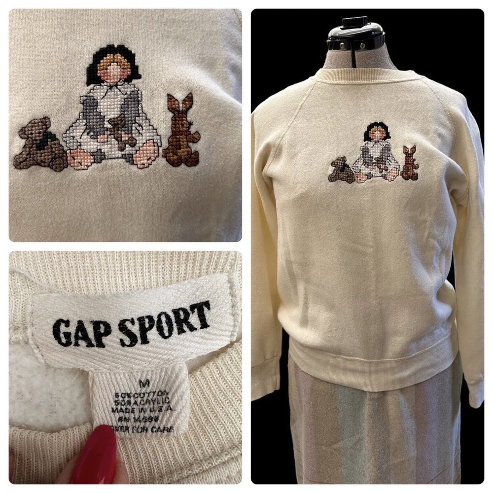 Vintage Gap Sport Made In USA Sweatshirt Crewneck Ivory Embroidery Medium